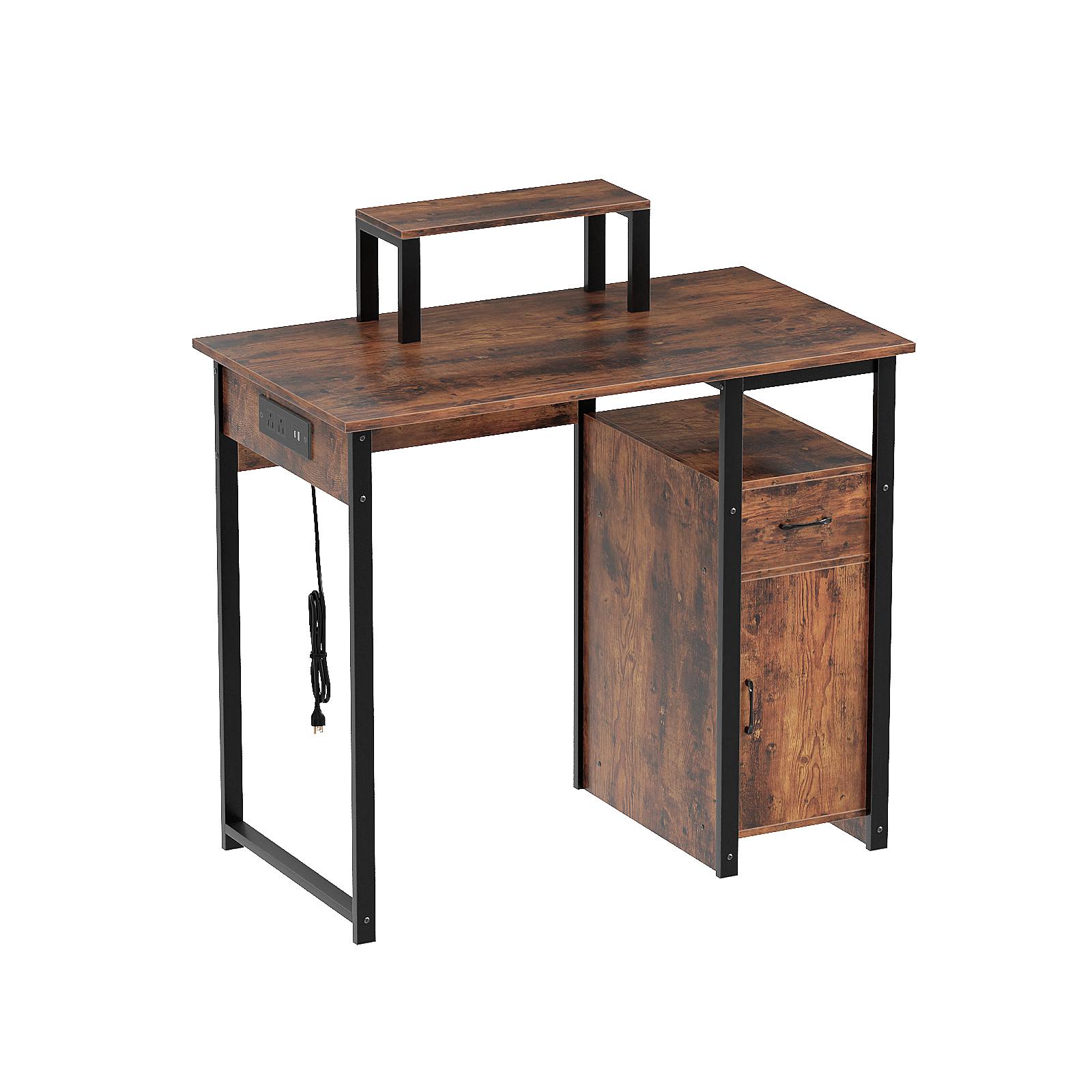Computer Desk with Power Outlets and Monitor Stand, Small Home Office Desk with Storage Drawer & Cabinet, Compact Study Writing Desk PC Workstation for Small Spaces