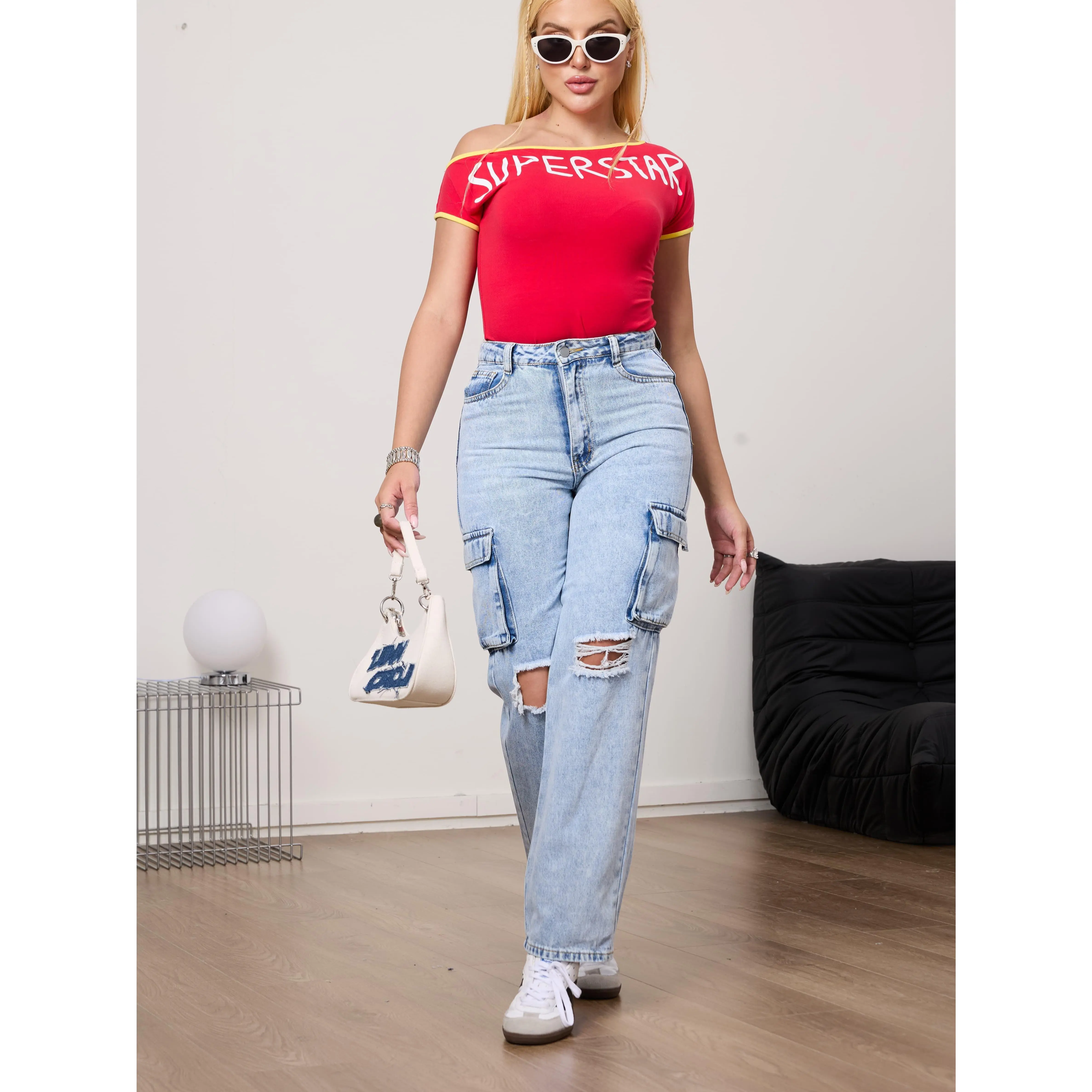 Yzara Women's High Waist Oversized Boyfriend Jeans - Full Length Distressed Retro Ripped Patched High-Rise Baggy Cargo Jeans with Flap Leg Pockets, Comfortable Relaxed Fit, All-Season Utility Streetwear for Sweaters, Distressed Retro Jeans