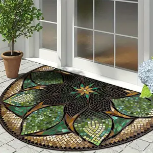 Half Round Door Mat, Decorative Rug Mat, Vintage Floral Brick Vine Leaf Pattern, Easy Clean Durable Entrance Rug, Floor Decoration for Living Room and Bedroom