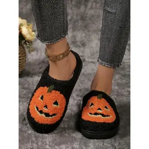 Women's Cute Cartoon Pumpkin Design Plush Slippers, Halloween Themed House Slippers, Casual Soft Comfortable Home Slippers, Warm Slippers for Indoor & Outdoor Use for Fall & Winter