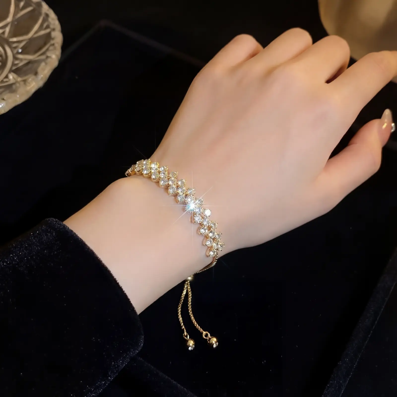 Women's Adjustable Slider Bracelet - Shiny Silver Chain, Rhinestone Bangle Bracelet, Elegant Fashion Jewelry, Birthday Gift for Daughter, Adjustable Slider Bracelets