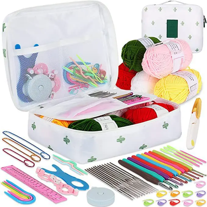 Upgraded hanging crochet kit beginner crochet set with box and 8 yarns for crochet, 63 piece crochet set with crochet book, crochet hook ergonomic soft grip and knitting crochet supplies
