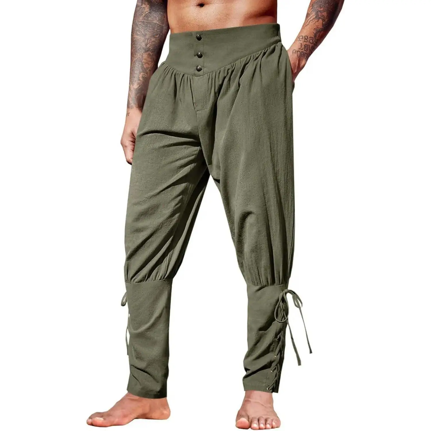Men's Medieval Linen Ankle Pants - Menswear Renaissance Viking Lace-Up Tapered Halloween Costume Trousers with Pocket