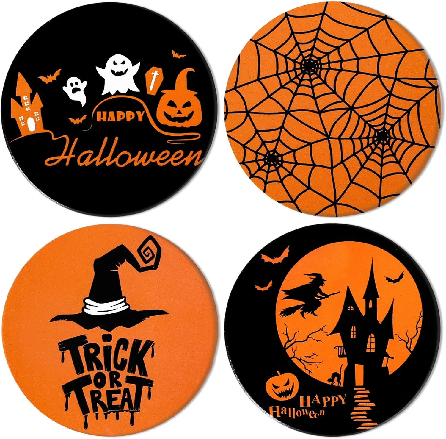4 count Halloween Coasters Orange Black Round Ceramic Coaster Trick or  Heat-Resistant Cup Mats for Wooden Table Protection  Party Supplies