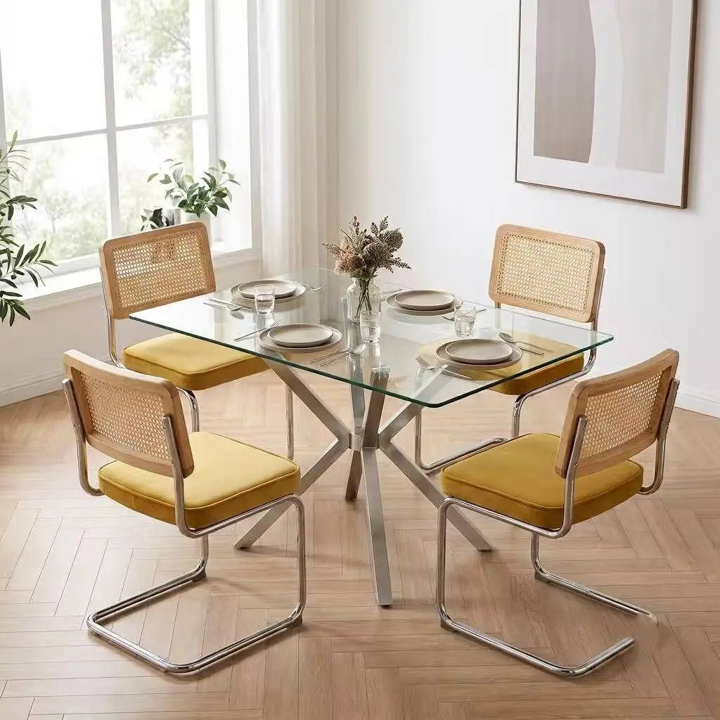 47.24" Rectangular Tempered Glass Dining Table with Sturdy Metal Square Tube Legs, Modern Kitchen Table for Dining Room, Easy Clean & 220LBS Capacity， mesa para comedor