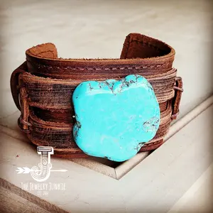 Genuine Leather Wide Cuff with Blue Turquoise Slab 230X