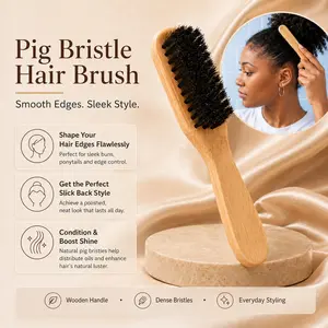 Natural Wooden Bristle Hair Brush, Slick Back Styling Brush for Women Men, Firm Bristle Edge Brush for Smoothing Flyaways, Hairline Control, Ponytail Bun Styling & Daily Hair Grooming