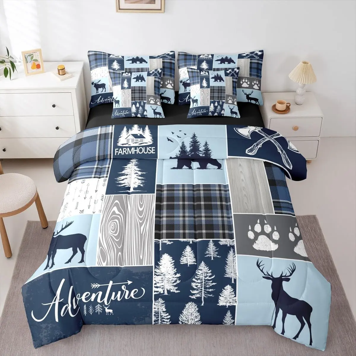 Feelyou 7-Piece Animals Microfiber Household Bedding Set - Ultra Soft Rustic Patchwork Quilt Set Bedding, Gingham Style Fitted Sheet, Multi-Size Bed-in-A-Bag for Farmhouse Decor
