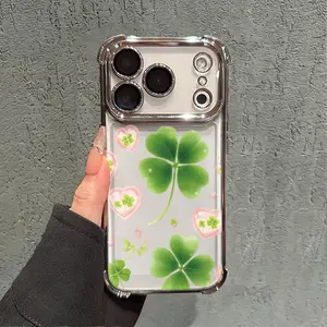 Lucky Four-Leaf Clover Phone Case for iPhone 17 AIR 17 PRO 16 PRO 15  PRO MAX  14 PLUS 13 PRO 12 11 series (silicone softshell) airbag anti-drop and shockproofmobile phone protective case