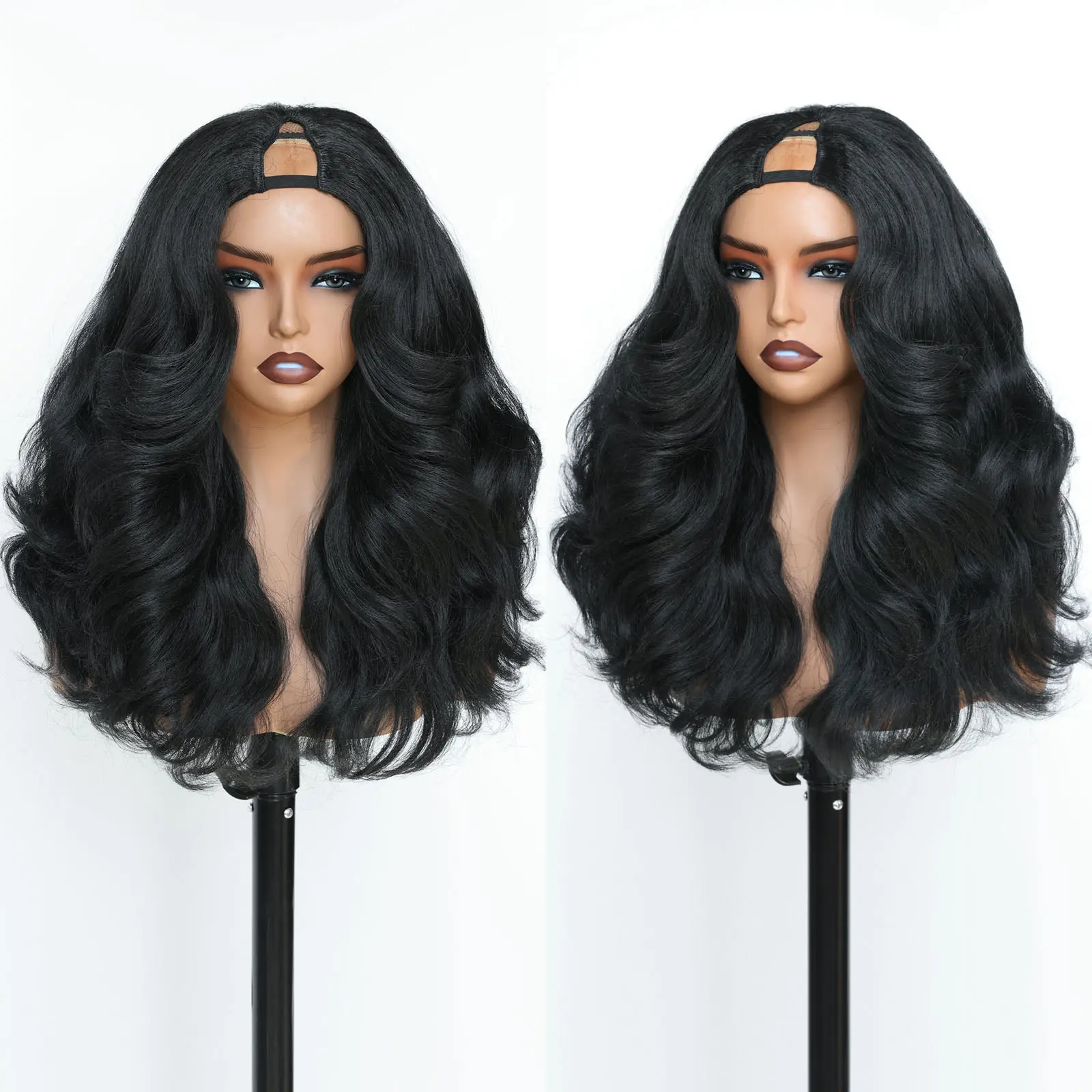 FABÉLLE Glueless V Part Wig Wavy Synthetic Wigs 18Inch Yaki Wavy Invisible Hairline Ease to Install No Lace Wave Wigs for Black Women No Leave Out Wigs synthetic wavy hair Suitable for Summer