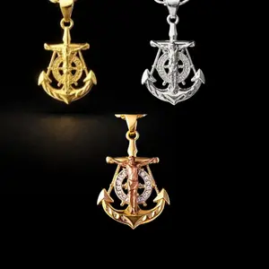 3 Colors - 14K Gold Plated Jesus Christ Anchor Small Pendant 1.5" Necklace 18" 20" 4mm Width Fashion Luxury Religious Sailor Full Diamond Pendant