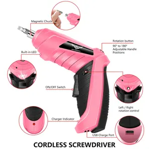 JENABOM 14pcs/47pcs Electric Screwdriver Set: Tool Set with Pink Cordless Power Drill, Home Tool Kit with Drill, Hand Tool Kit for Women, Homeowners, DIY Enthusiasts, and Repairers