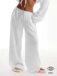 TikTok Viral Sheer Linen, Adjustable Drawstring Wide Leg Pants - Summer Lightweight Breathable White Beach Cover Up, Casual Lounge Loose Fit Elastic Waist Vacation Trousers for Women, Trendy Aesthetic Beachwear, Comfy Loungewear, Summer Must Haves