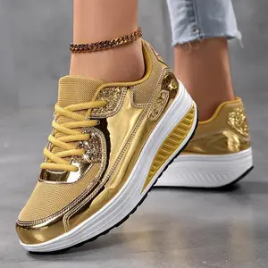 Women's Fashion Sneakers, Lace-Up Thick Sole With Shiny Accents, Glitter Low-Top Walking Shoes