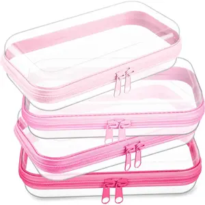 4 Pcs Hard Clear Zipper Case Makeup Bags Plastic Zipper Pouch Transparent Storage Box Containers for Cosmetics, Snacks, Building Blocks, Puzzles(Clear,7.5 x 3.9 x 2 in,Pink)