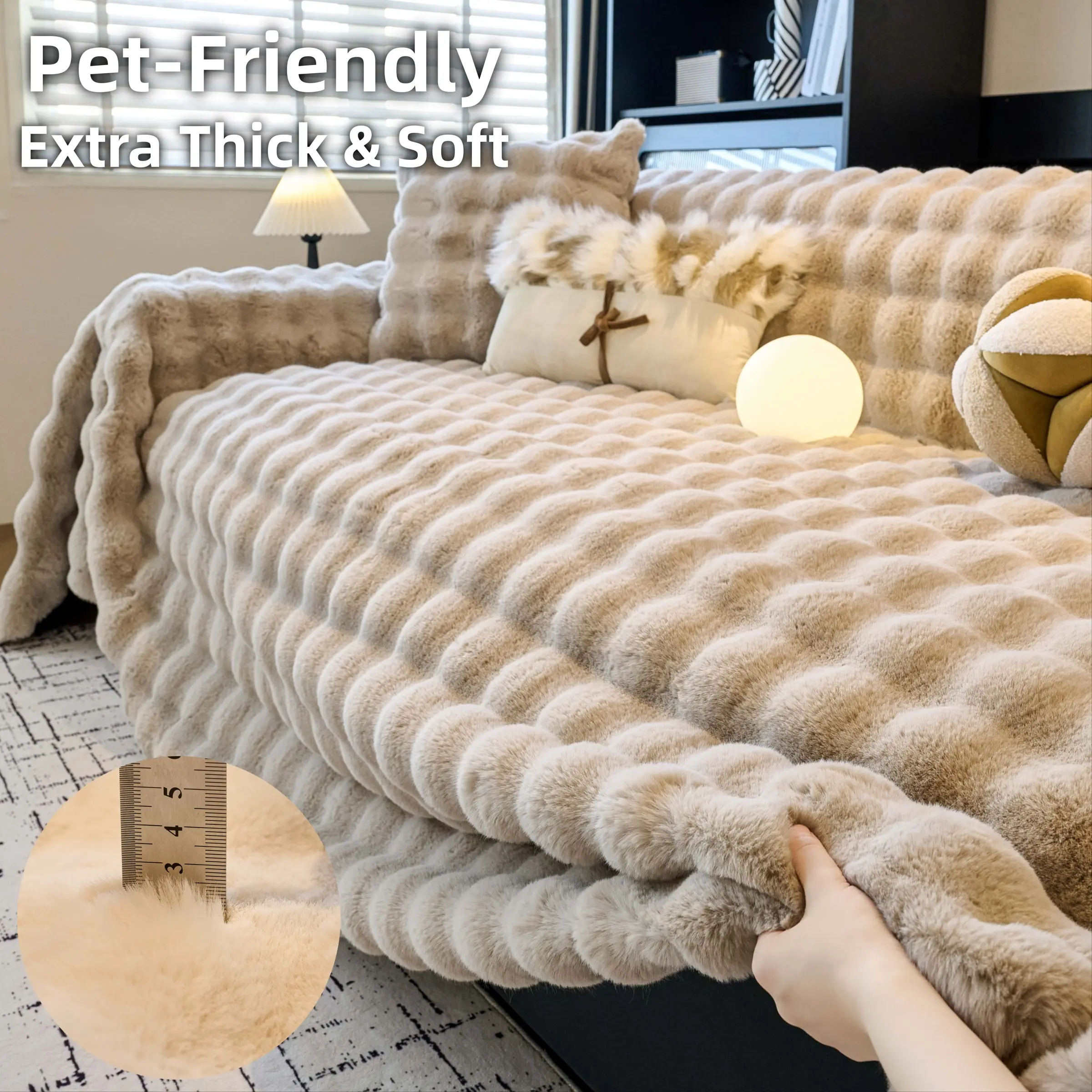 Thick Plush Sofa Cover, Pet Friendly Anti-Scratch Couch Protector, Ultra Soft Washable Sofa Pad, Non-Slip Living Room Furniture Cover