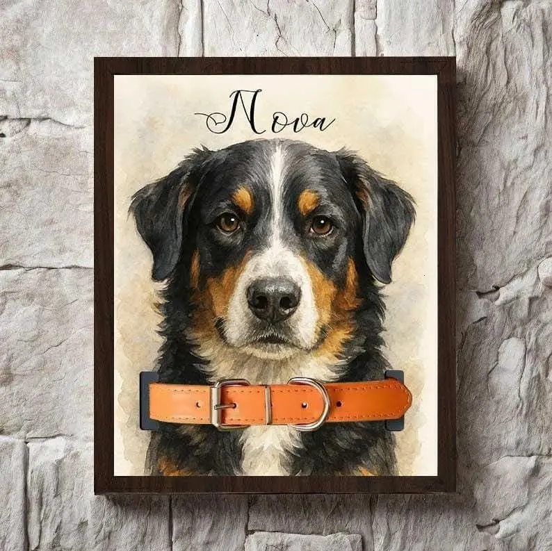 Customized Dog Memorial Frame With Pet Portrait Photo, Remembrance Gift For Loss Pet, Loss Cat Collar Keepsake With Pet Portrait From Photo
