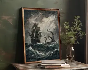 [UNFRAMED POSTER] Lure Of The Kraken Revised Print,Gothic Pirate Ship Art,Nautical Sea Ocean Aesthetic,Dark Academia Decor,Moody Giant Octopus Bathroom Gift