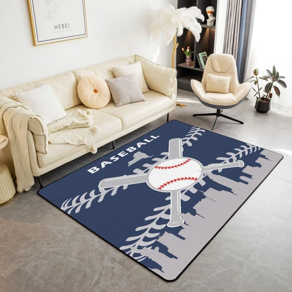 Kids Baseball Area Rug Blue Baseball Bedroom Carpet,Sports Fan Living Room Rug,Rectangular,Machine Made,Non Slip,Low Pile