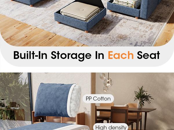 128" 6 Seat Modular Sectional Sofa with Storage, Sturdy Solid Wood Structure, Modular Sectional Sofa Cloud Couch Washable, Spacious Couches for Living Room, Apartment, Loft, Dark Blue