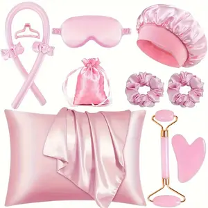 12 piece Sleep Hairstyling Tool Set, including curler set, facial massager, hair band, soft sleep eye mask and satin sleep cap for hairstyling, Light Beige Queen Set, satin storage bag, facial roller for women