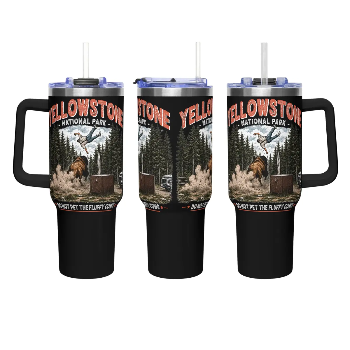 Yellowstone National Park Printed Stainless Steel Double-Wall Insulated Tumbler - Portable, Reusable, with Handle, Lid, Straw, Funny "Do Not Pet the Fluffy Cows" Design (20oz, 40oz) - Birthday Gift Option