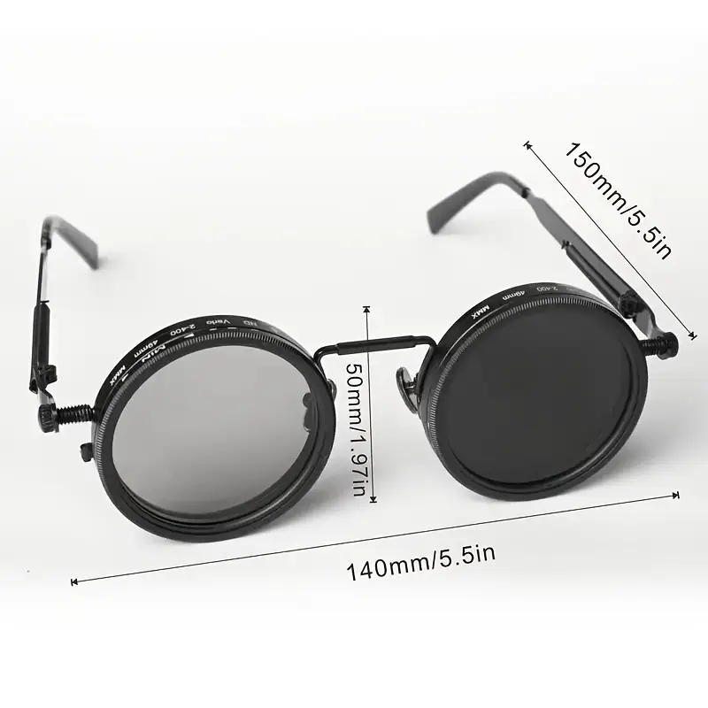Men's Industrial Punk Rotating Sunglasses - Black Round Frame, Adjustable Spring Temples, TAC Lenses, Vintage Style for Casual & Formal Wear