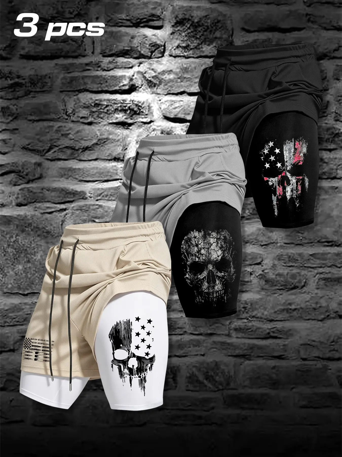 3-Pack American Dark Style Shorts Set, Skull/flag Print, Dual-Layer Design, Streetwear & Sporty, Athleisure Street Shorts, Casual Athletic Shorts, Fitted Casual Pants, Graphic Fitness Shorts