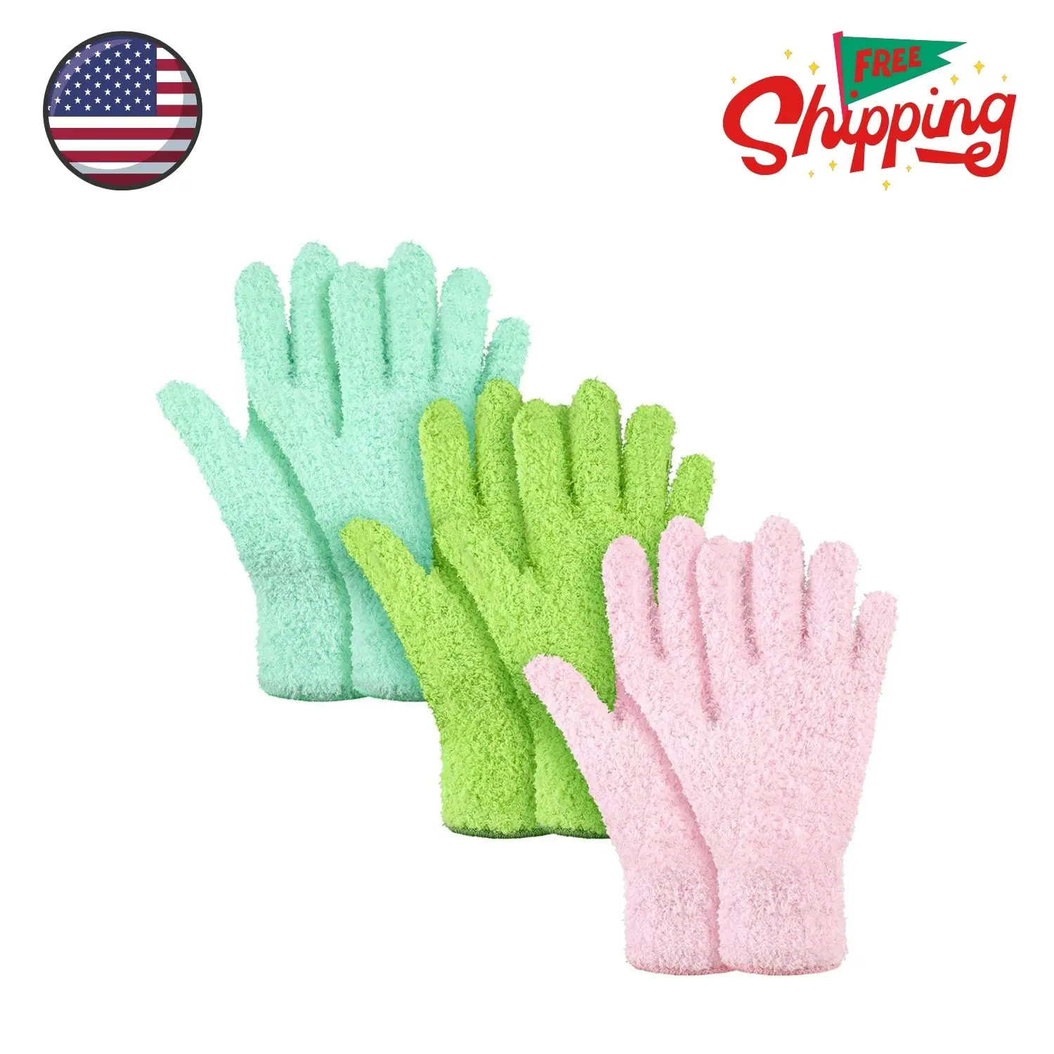 3 Pairs Microfiber Plant Dusting Gloves (Green, Blue, Pink, Medium)