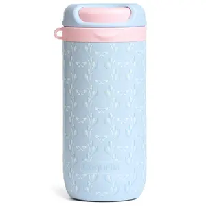 Coquella Matinelle 15 oz Stainless Steel Coffee Tumbler with Twist-Open Lid, Insulated Travel Mug for Iced Coffee Cold Brew and Warm Beverages, BPA-Free, Cup Holder Friendly, Bow Charm, Tulip Blue