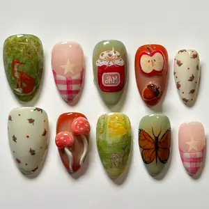 Cottagecore Autumn Press On Nails | Fox Deer Mushroom Jam Apple Plaid Nails | Hand-painted Fall Custom Set