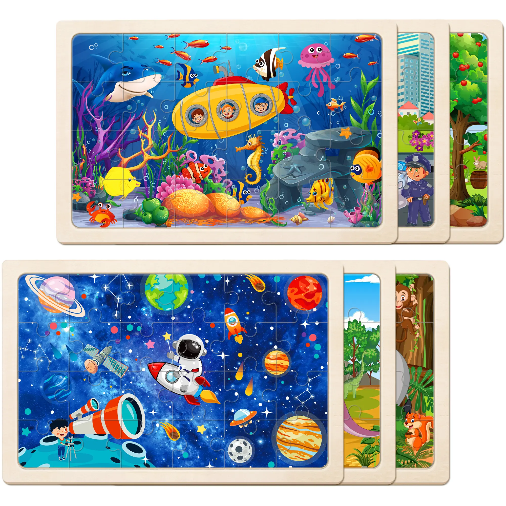 Wooden Puzzles for Kids Ages 4-6 6 Packs Creative Puzzle Forest and Marine Animals, Farm, Space and Planet, Vehicles Puzzles | Educational Preschool Puzzle | Boys Toys Gift for Birthday and Christmas Montessori Puzzles Gift
