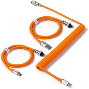 C04 2 in 1 Custom Coiled USB C  for Gaming Keyboard-Detachable Double Sleeve Spiral  with 5 Pin Aviator Connector for PS4,-USB A To Type C&Type C To Type C(1.62+3.28inch)-Orange