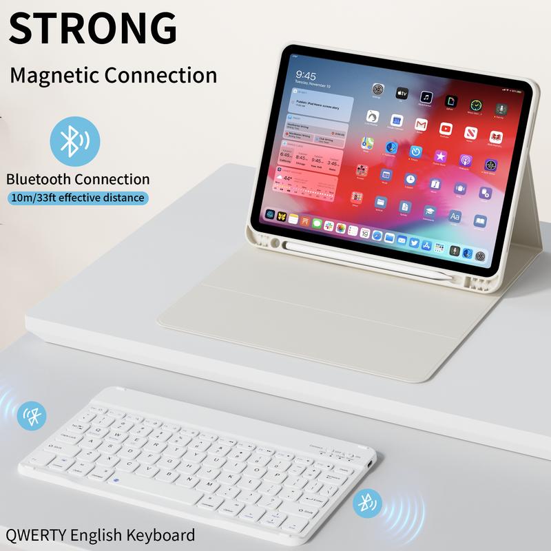 Keyboard Case for iPad 11th Generation 2025 A16, 10th Gen 2022, Air 11-inch 7th/6th/5th/4th Gen 10.9-inch & 7th/8th/9th Gen | Soft TPU Back Cover with Pen Holder & Magnetic Detachable Wireless Bluetooth Keyboard | Protective for Multiple iPad Models