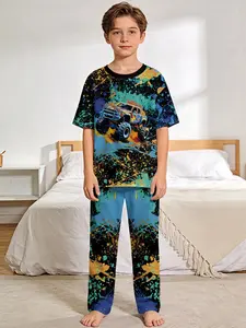 Splatter Graffiti Monster Truck Fun 2-Piece Boys' Digital Print Short-Sleeve Pajamas with Long Pants, Flame-Retardant Fabric. A stylish, trendy, casual, comfortable and soft pajama set, suitable for sleeping and home leisure. Made of 100% polyester, perfe