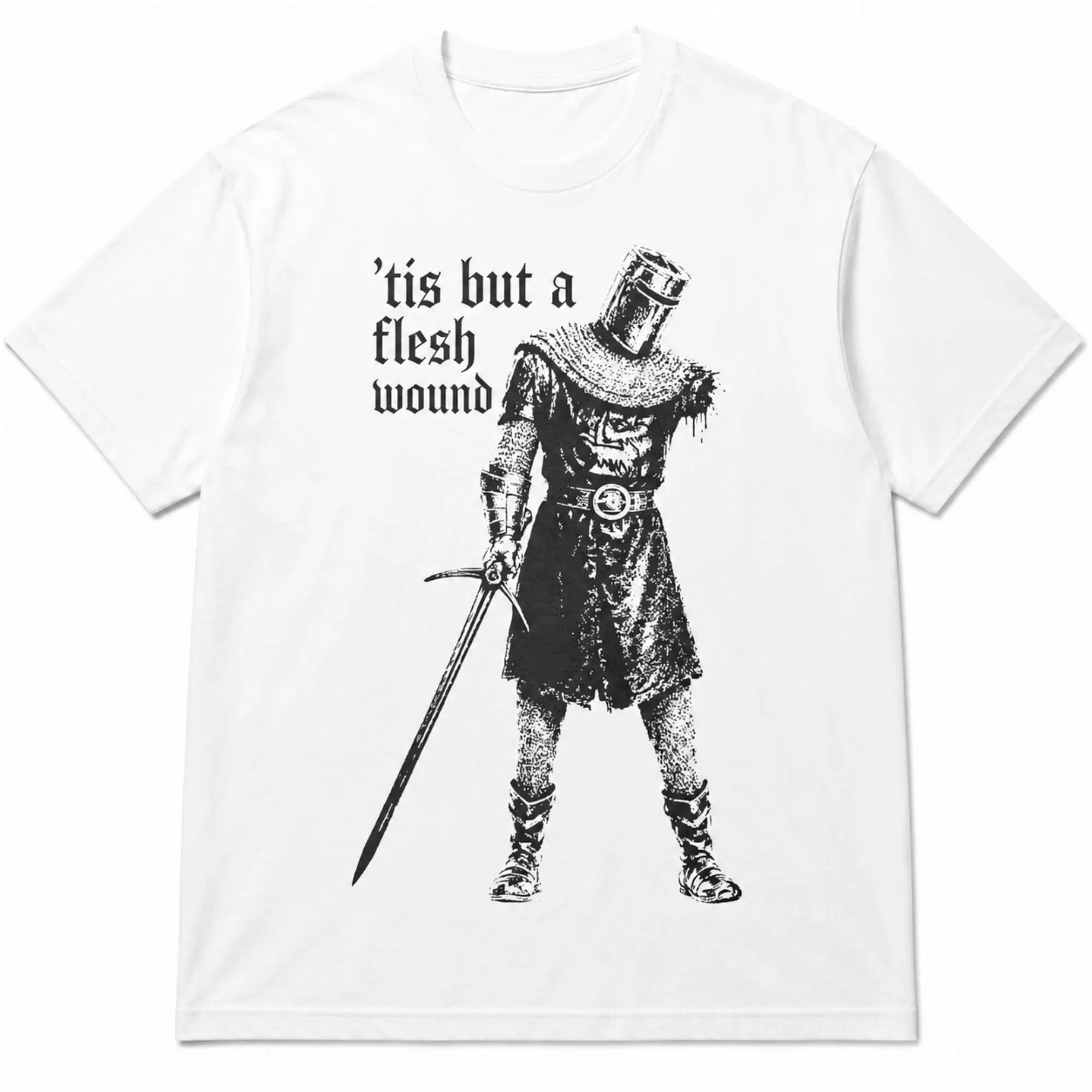 Tis But A Flesh Wound Monty Python Black Knight Graphic T-Shirt, Distressed Retro Medieval Soldier Sword Stencil Art Print, Unisex White Heavyweight Streetwear Tee, Movie Meme Gift
