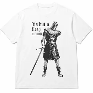 Tis But A Flesh Wound Monty Python Black Knight Graphic T-Shirt, Distressed Retro Medieval Soldier Sword Stencil Art Print, Unisex White Heavyweight Streetwear Tee, Movie Meme Gift