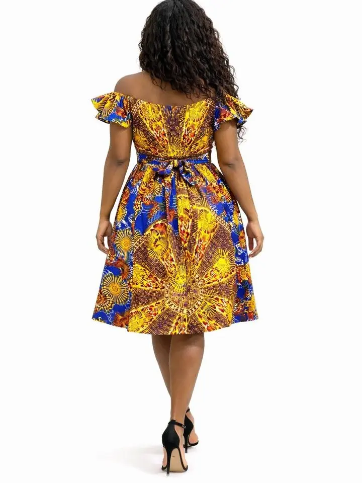 african flare dresses Blue Ankara Midi Dress: African Print Flare Sleeve Summer Dress