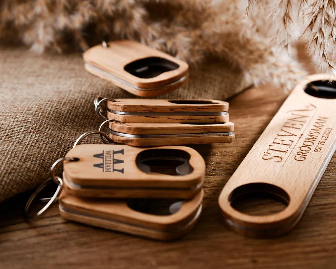 Pack of 50 Pcs Wooden Beer Bottle Opener Keychain Wood and Metal Combo Bottle Opener for Laser Engraving Blanks