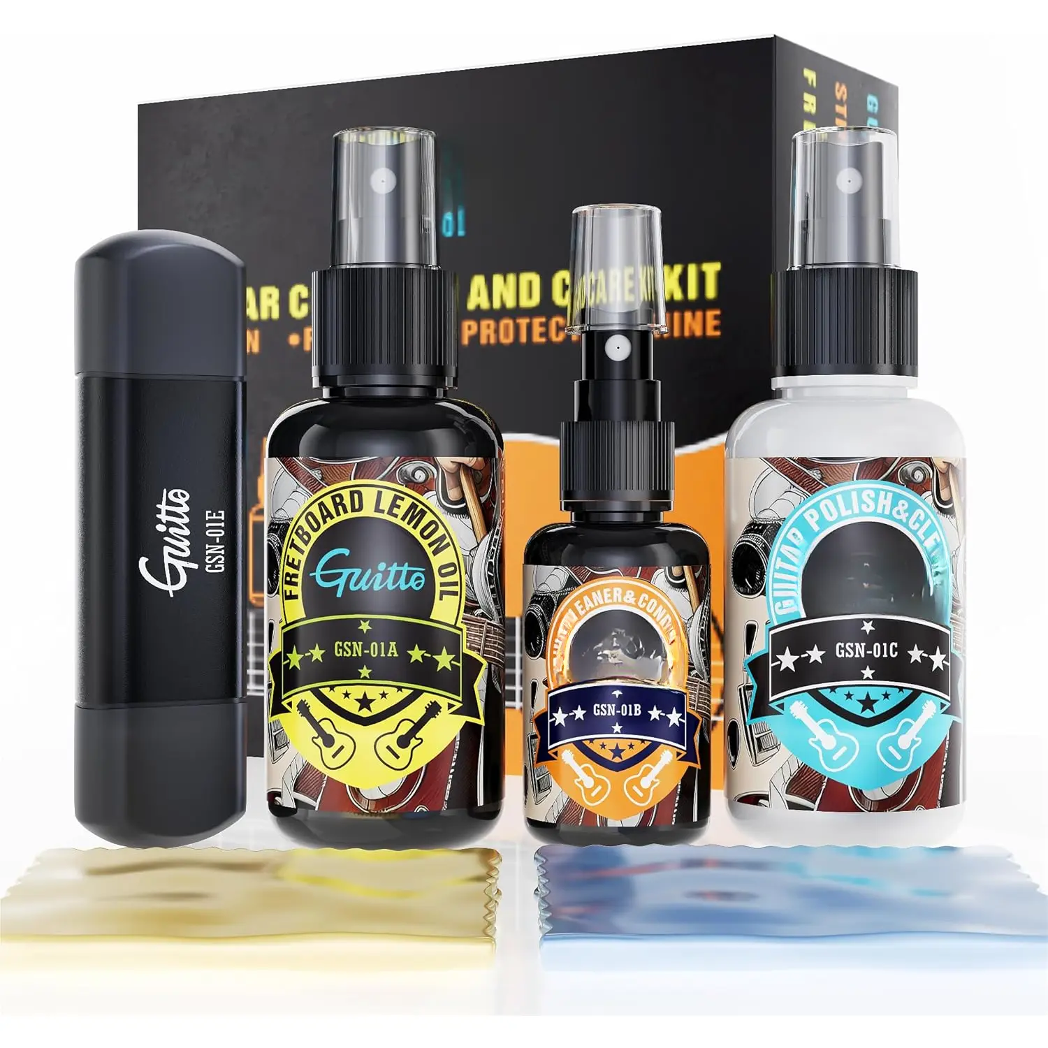 Guitar Cleaning Kit, All in One Guitar Care Kit Fretboard Lemon Oil, Polish, Guitar String Cleaner, Microfiber Cloth GSN-01