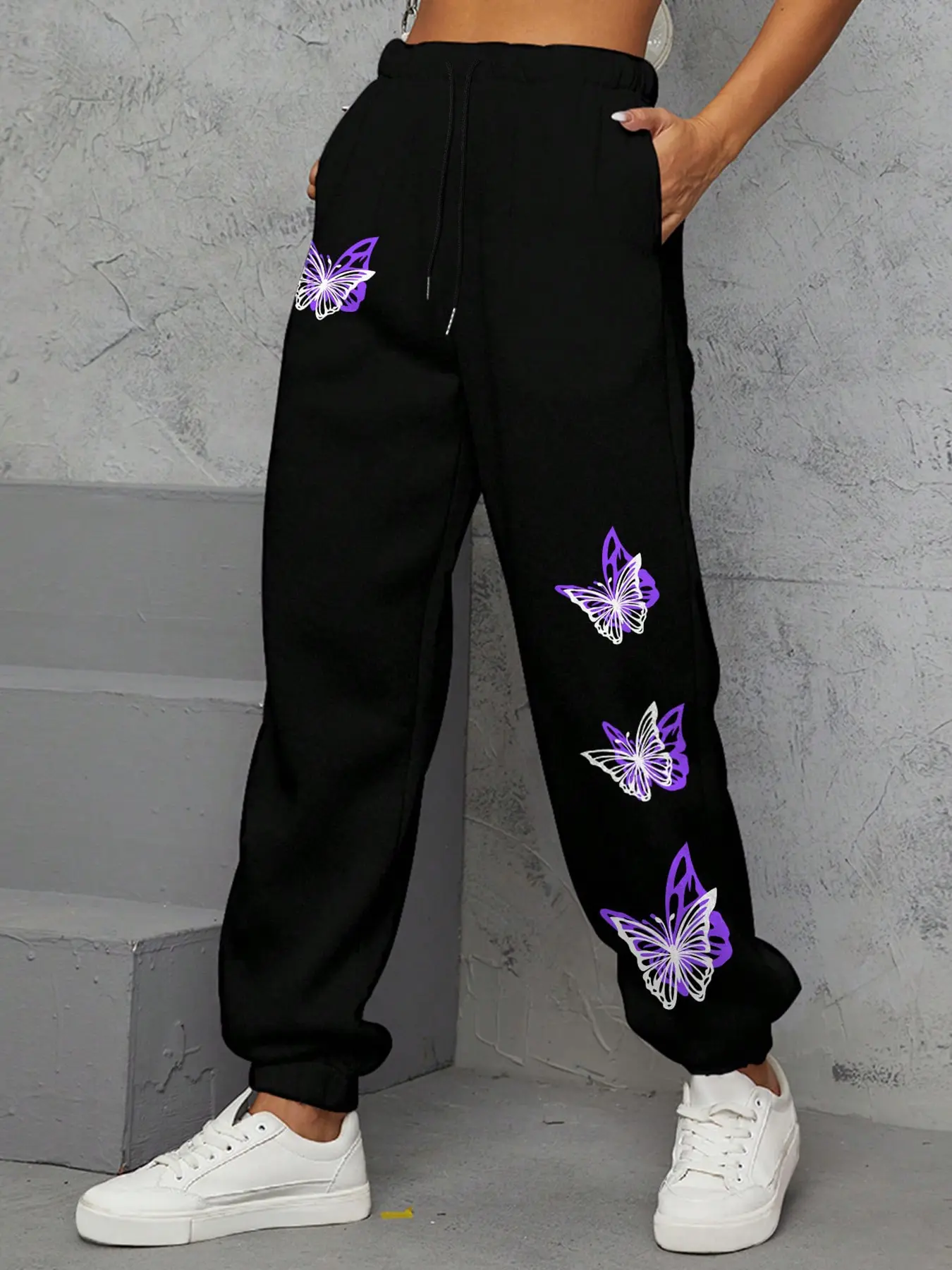 Women's Thick Fleece Lined Butterfly Print Jogger Pants, Casual Loose-Fit Street Style Sweatpants for All Seasons