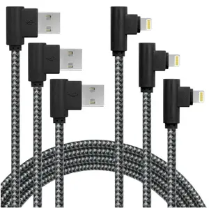 3 Pack 6FT Extra Long Fast Charger Cable 90 Degree Nylon Braided iPhone USB Charging & Syncing Cord Compatible with iPhone 12/11/ Xs Max/XS/XR/X, 8 7 6 (6ft, Black Gray)