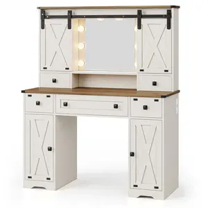 Sikaic Farmhouse Makeup Vanity Desk Mirror With Sliding Barn Door 3 Lighting Modes Adjustable And Charging Station White Furniture Bedroom Storage Drawer Modern Wood Dresser