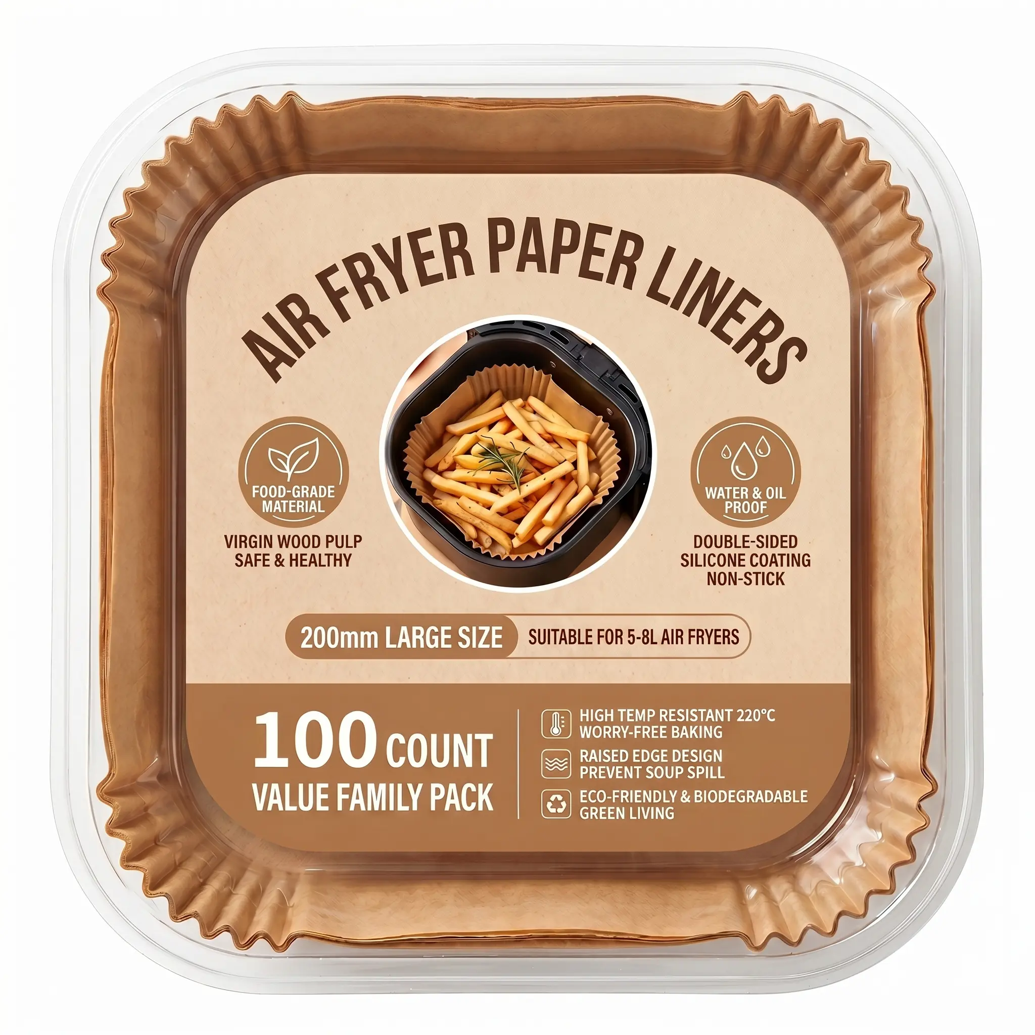 100-Count (100pcs) Disposable Unbleached Parchment Paper Air Fryer Liners, 8" Square Eco-Friendly with Raised Edges for 5-8 QT Baskets, Non-Stick Oil-Proof High-Temp Proof Bakeware for Busy Kitchens