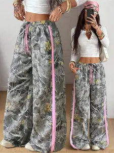 Women's Vintage Branch Leaf Pattern Loose Sport Pants with Drawstring, Y2K Festival Straight Leg, Casual Fall & Winter, Comfortable and Trendy