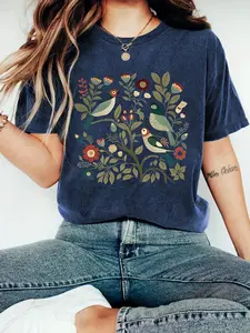 Women's Floral Bird Tree Leaf Print Casual Everyday Summer Top, Round Neck Short Sleeve Fit T-Shirt, Comfortable Breathable Fabric, S-Xxl Sizes