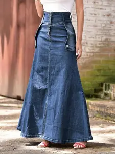 Women's Solid Color Button Fly Denim Skirt, Street Fashion Casual Comfy Maxi Skirt for Daily Outdoor Wear, Ladies Bottoms for Spring & Summer, Womenswear