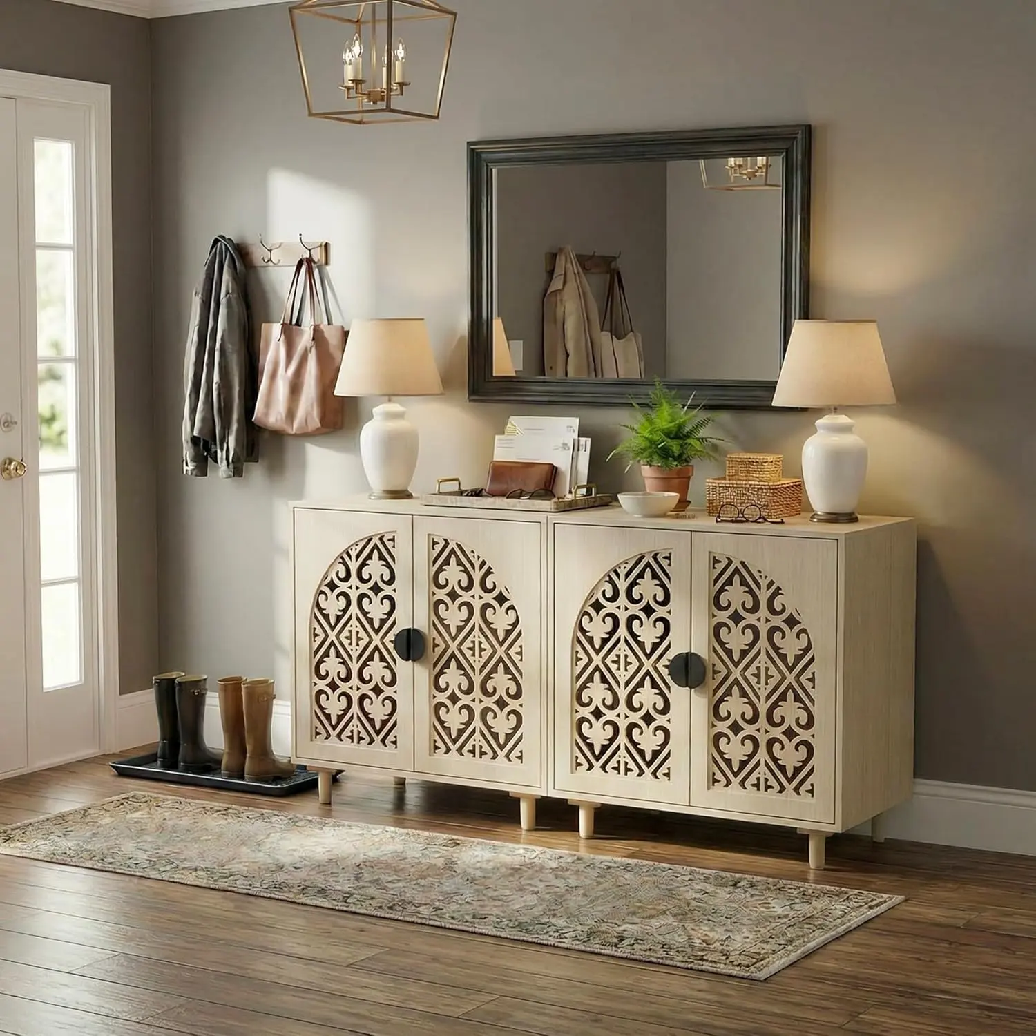 Oakault Hollow Sideboard Buffet Cabinet with Storage, Boho Storage Cabinet with Doors and Shelves, Wood Entryway Cabinet with Hollow Carving Design for Living Room, Kitchen,Hallway, Natural Wood,Summervibes