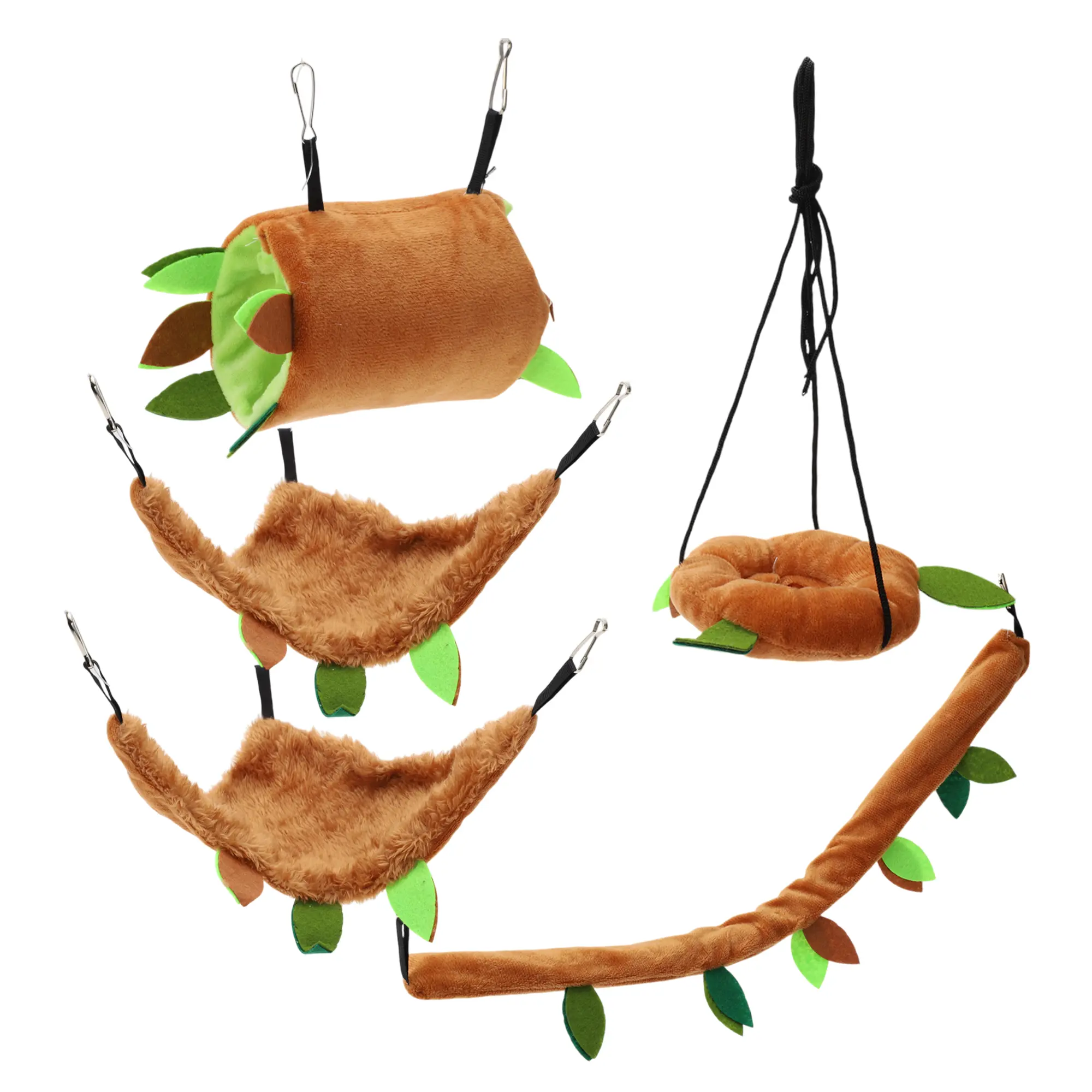 VOCOSTE Hamster Hammock, Sugar Glider Cage Accessories Toys, Rat Hammock, Small Animals Hanging Bed, Hideout Tunnel Swing Rodent Hammock, Brown, 5 Pcs