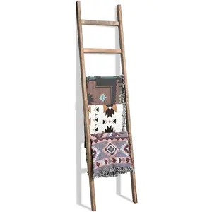 6.4ft Extra Wide Wooden Blanket Ladder Living Room Decorative Wal Leaning Farmhouse Quilt Display Holder Rustic  Towel Rack for Bathroom, Burnt Brown, 18.5 inch Wide